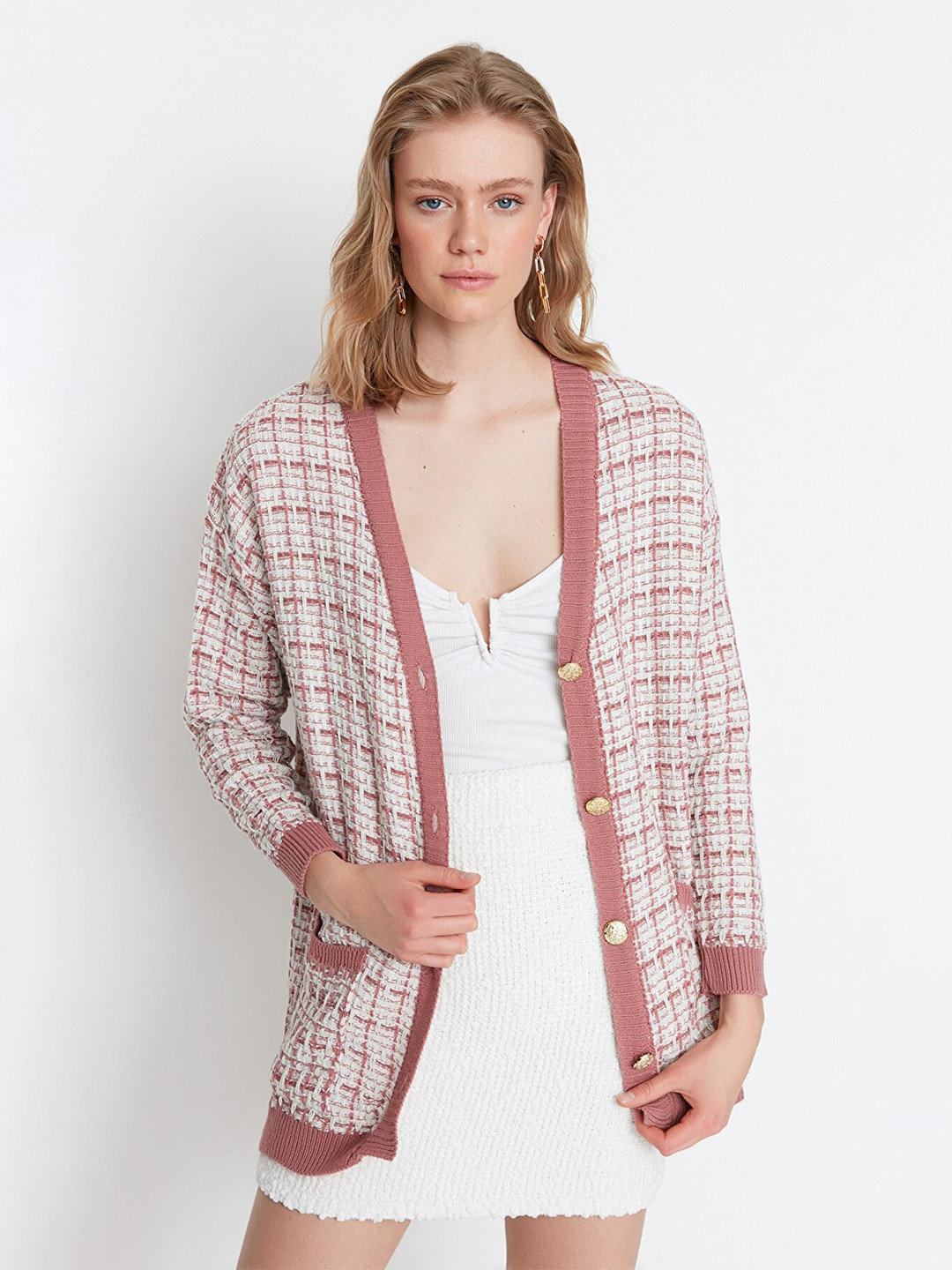 Trendyol Women Rose & White Checked Cardigan