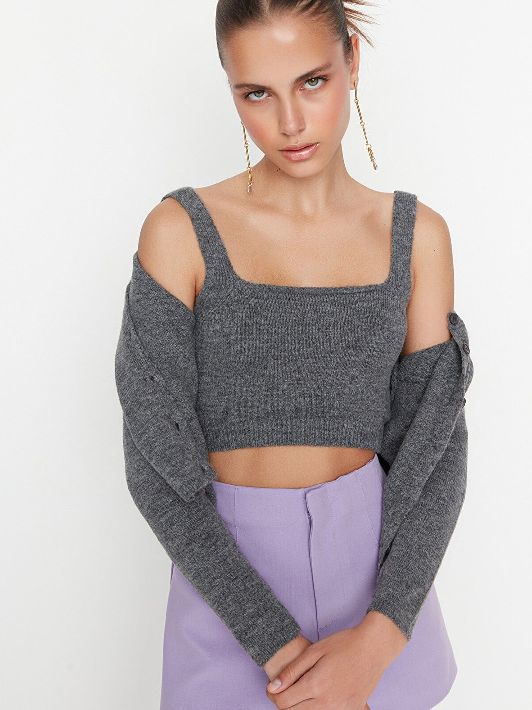 Trendyol Women Charcoal Crop Cardigan