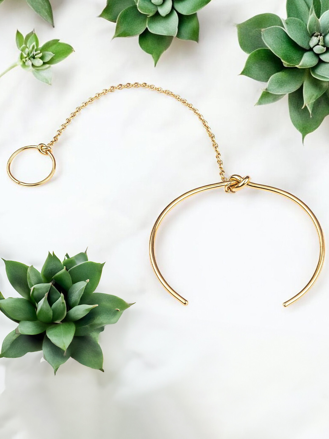 PALMONAS Women Gold-Toned Gold-Plated Cuff Ring Bracelet