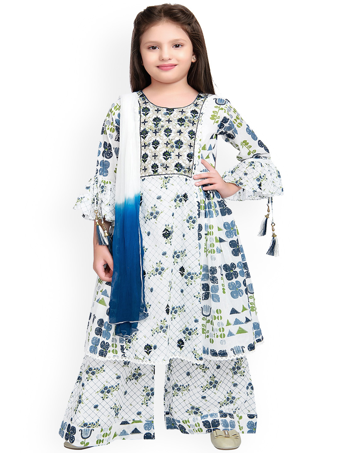 Tiny Kingdom Girls Blue & White Printed Kurta and Palazzo set with Dupatta