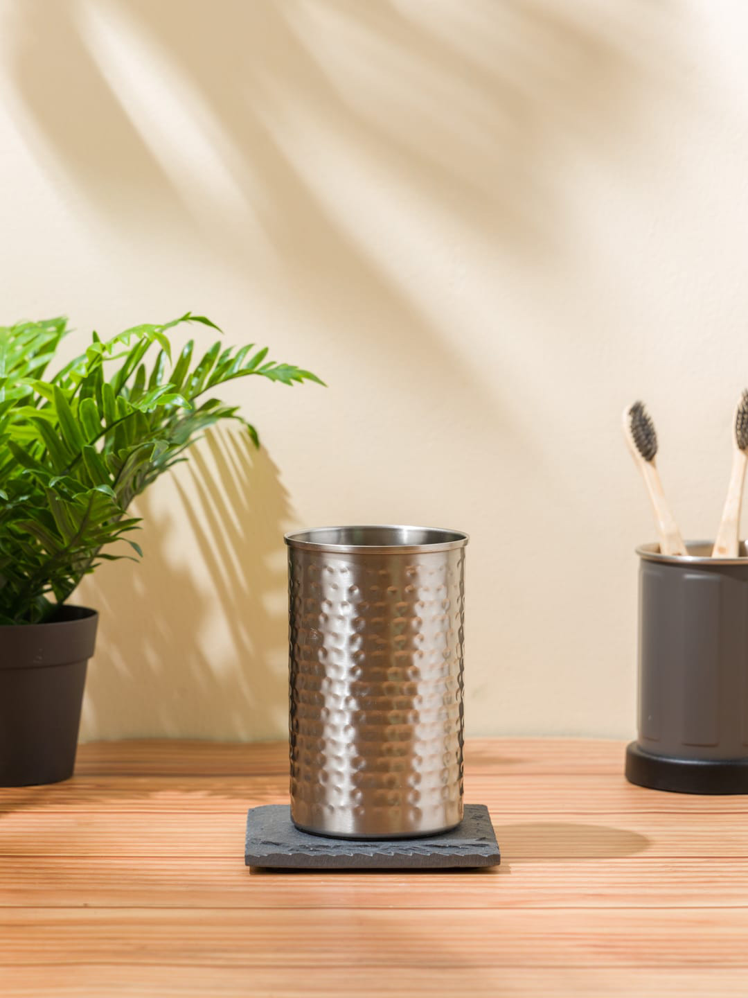 Nautica Silver-Toned  Textured Elegant Stainless Steel Tooth Brush Holder