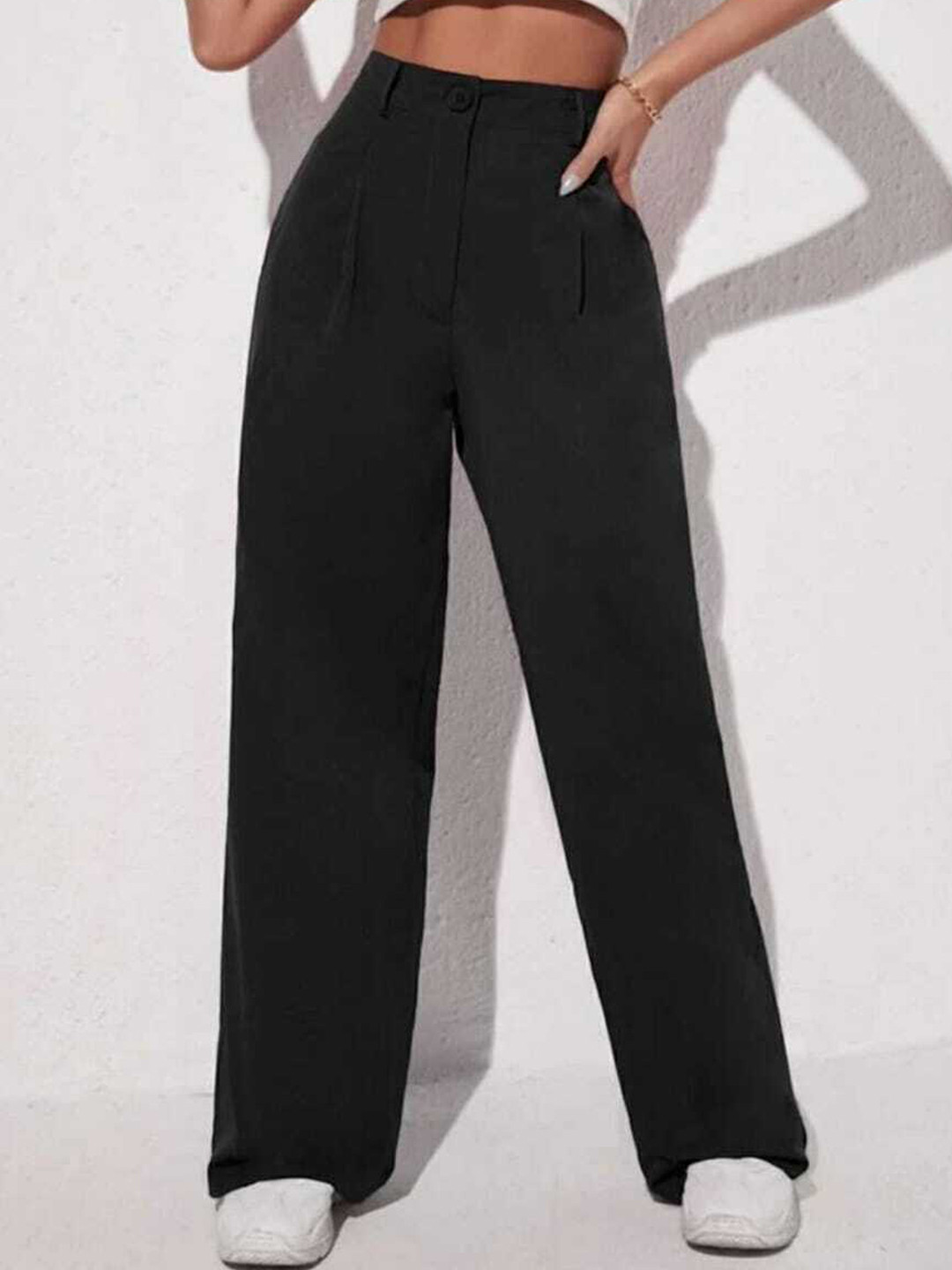 BROADSTAR Women Black Relaxed Straight Leg Loose Fit High-Rise Easy Wash Pleated Trousers
