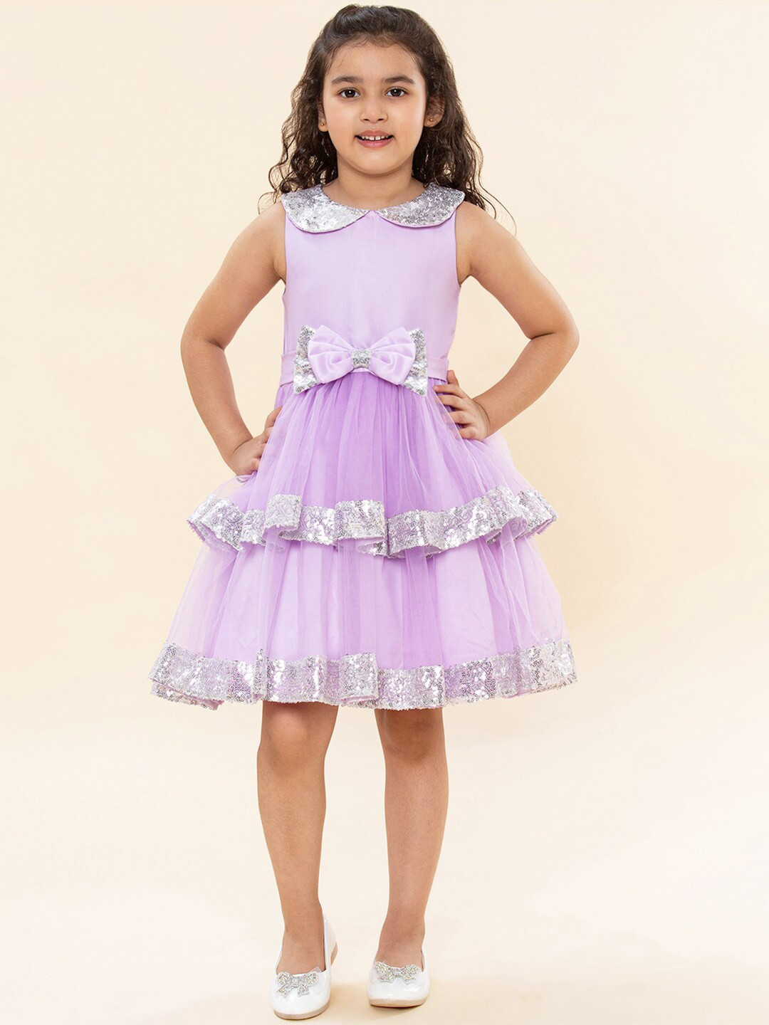 A T U N Mauve Peter Pan Collar Net Dress