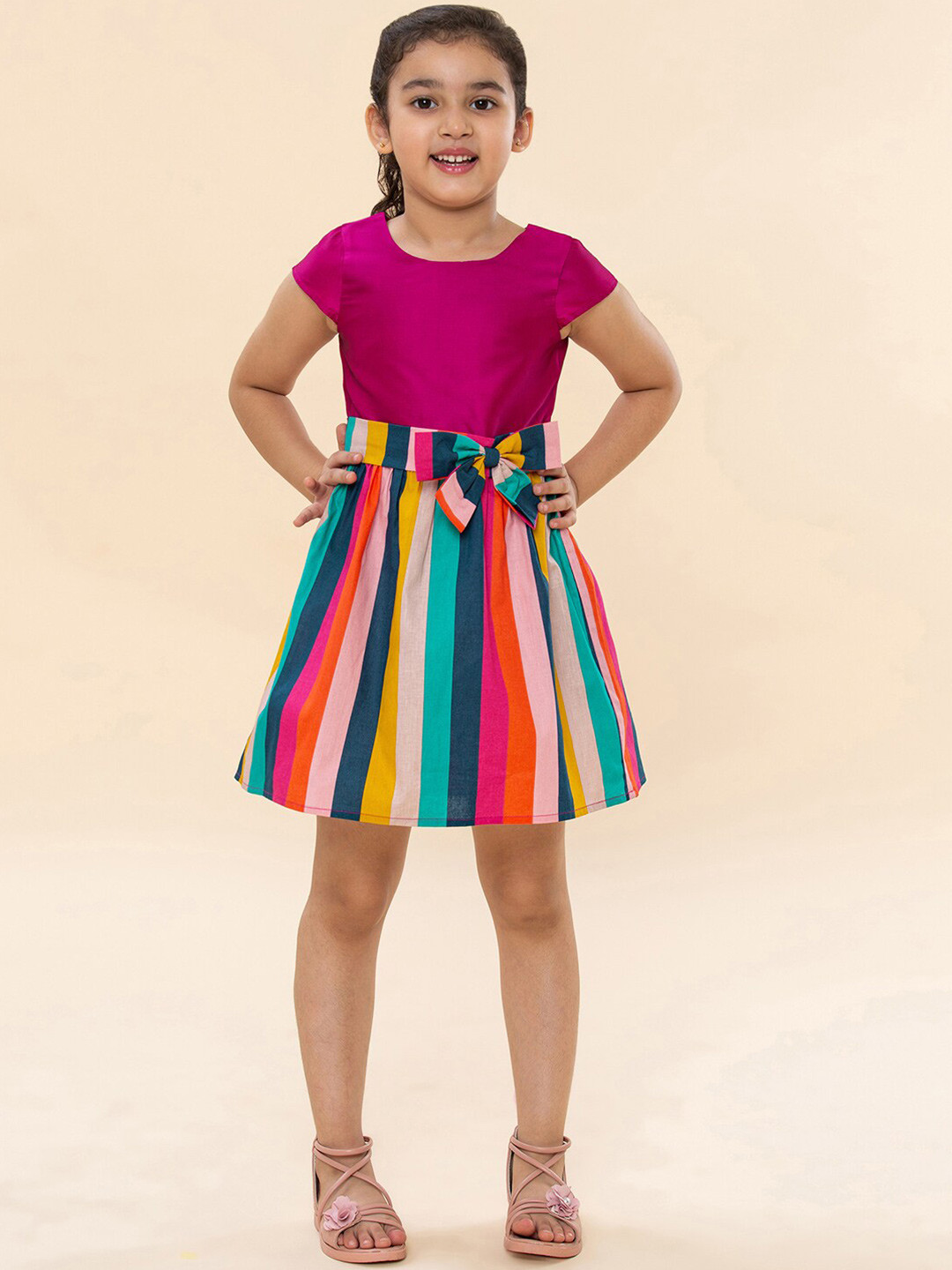 A T U N Girls Burgundy & Blue Striped Dress