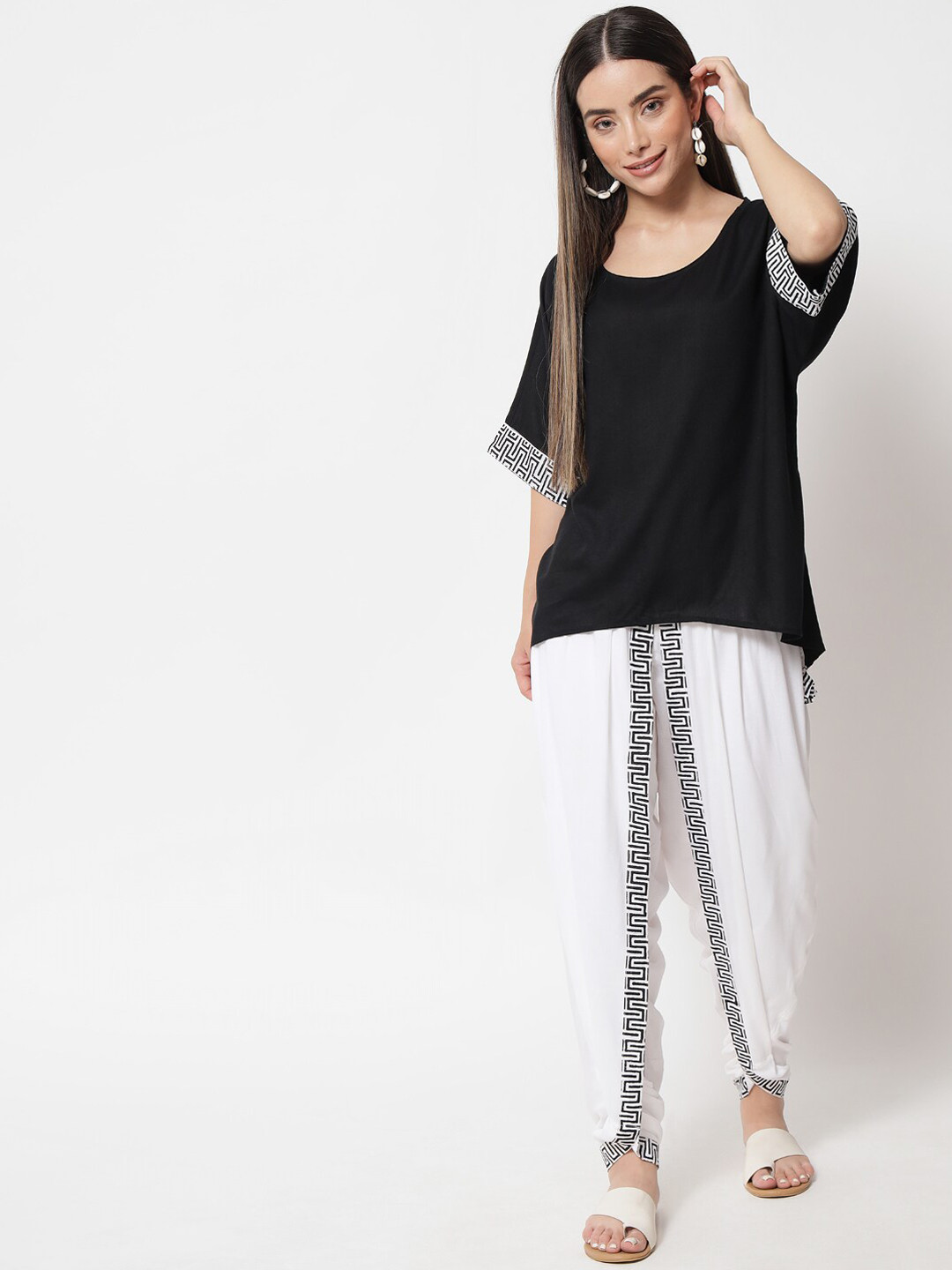 9rasa Women Black Printed Top With Dhoti  High-low Co-Ords Set