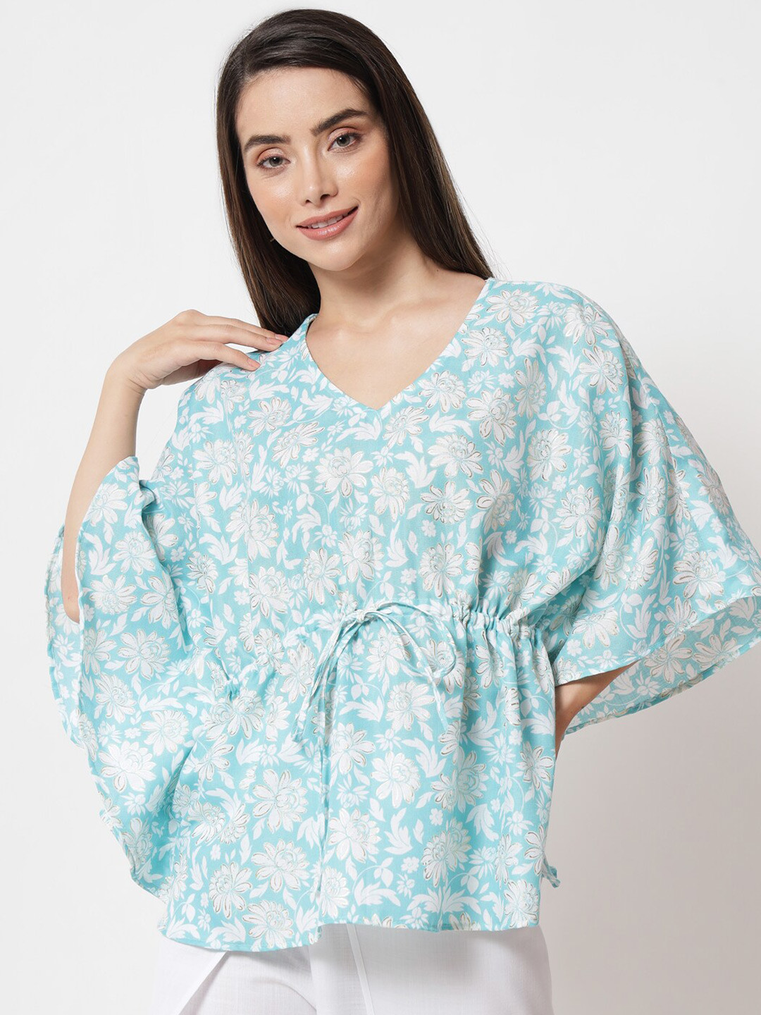 9rasa Turquoise Blue Floral Print Cinched Waist Top