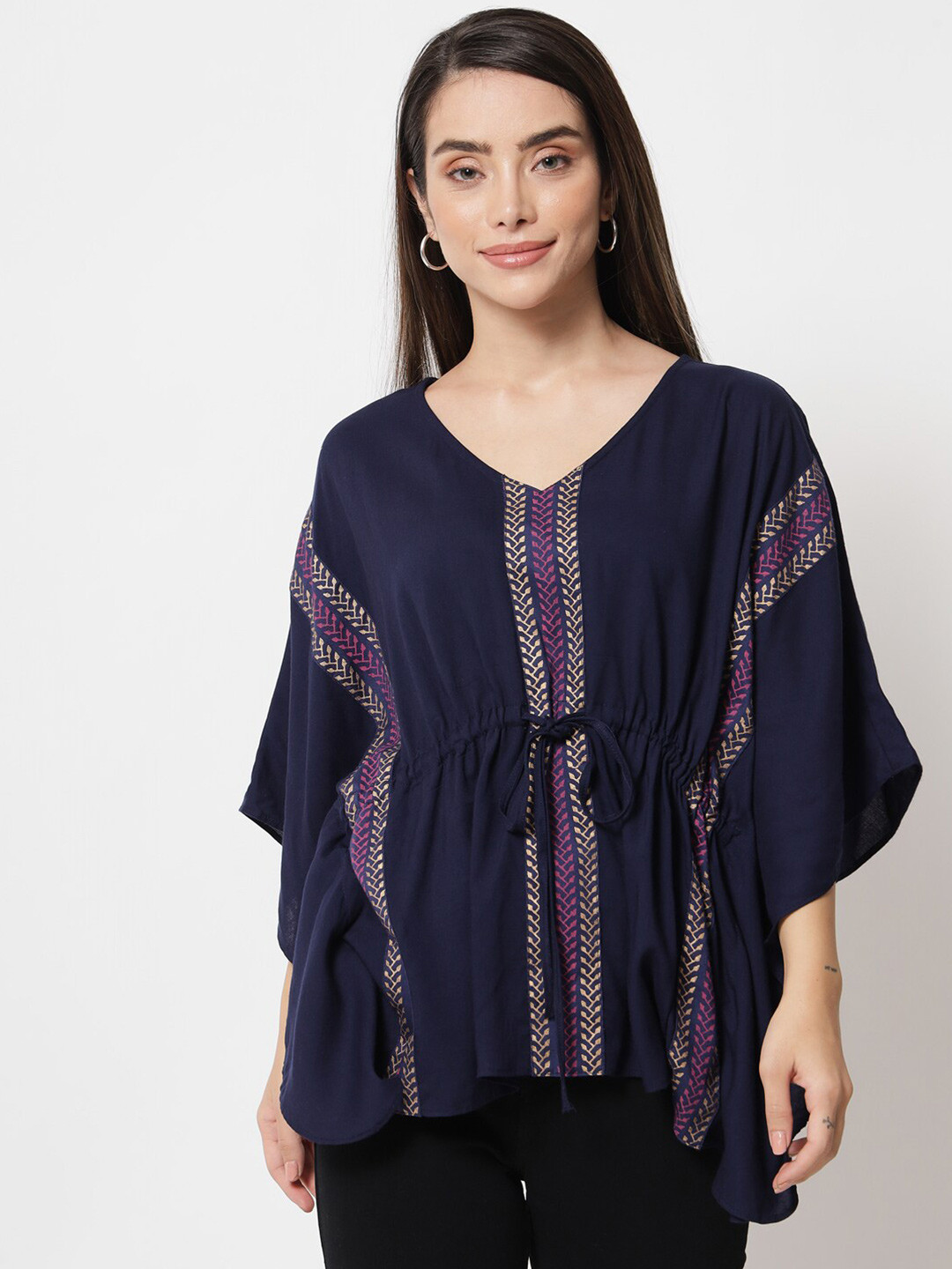 9rasa Navy Blue Striped Printed Kaftan Top