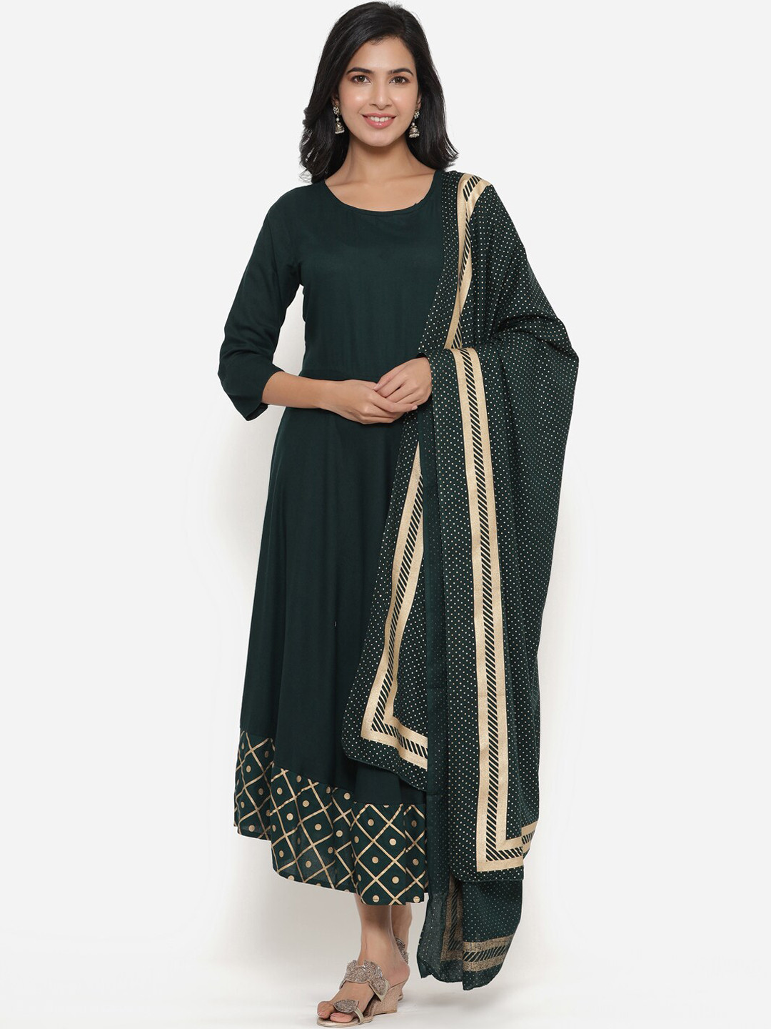 SBR BABA KURTI Women Green Thread Work Anarkali Kurta