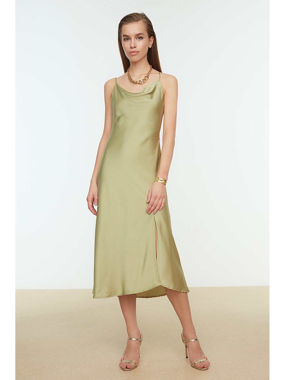 Trendyol Green Cowl Neck A-Line Midi Dress