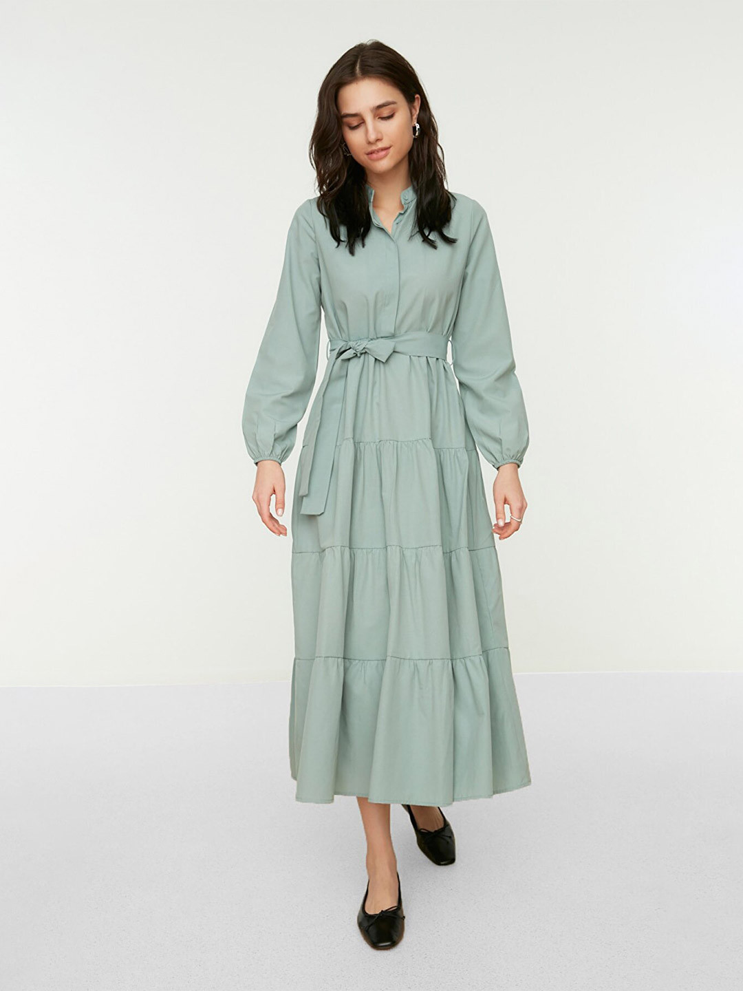 Trendyol Women Khaki Solid Tiered Fit & Flare Dress