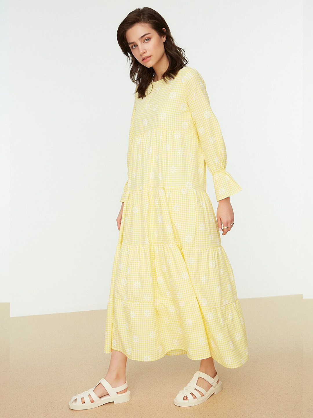 Trendyol Yellow & White A-Line Midi Dress