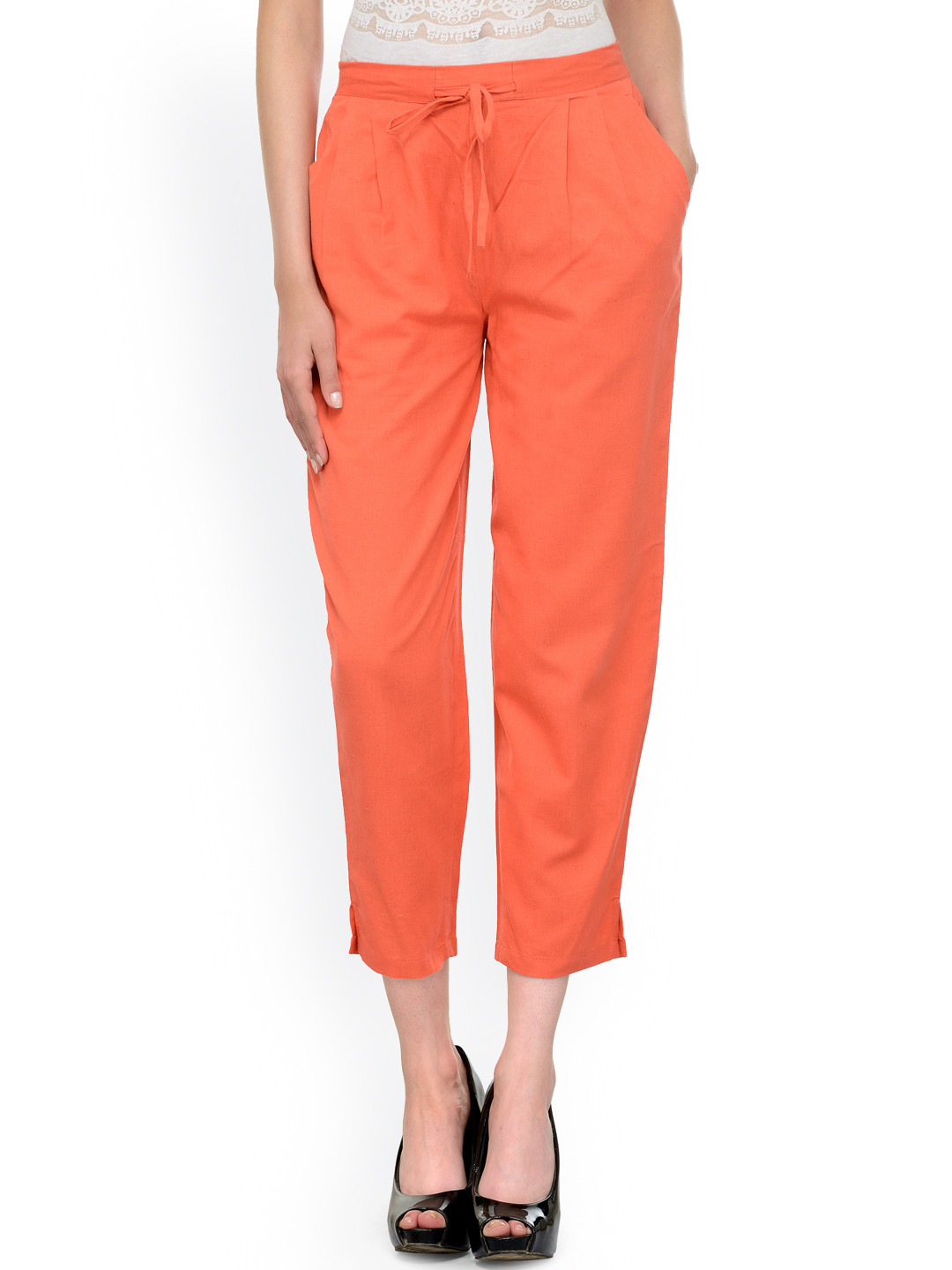 Bitterlime Women Peach-Coloured Relaxed Regular Fit Printed Peg Trousers