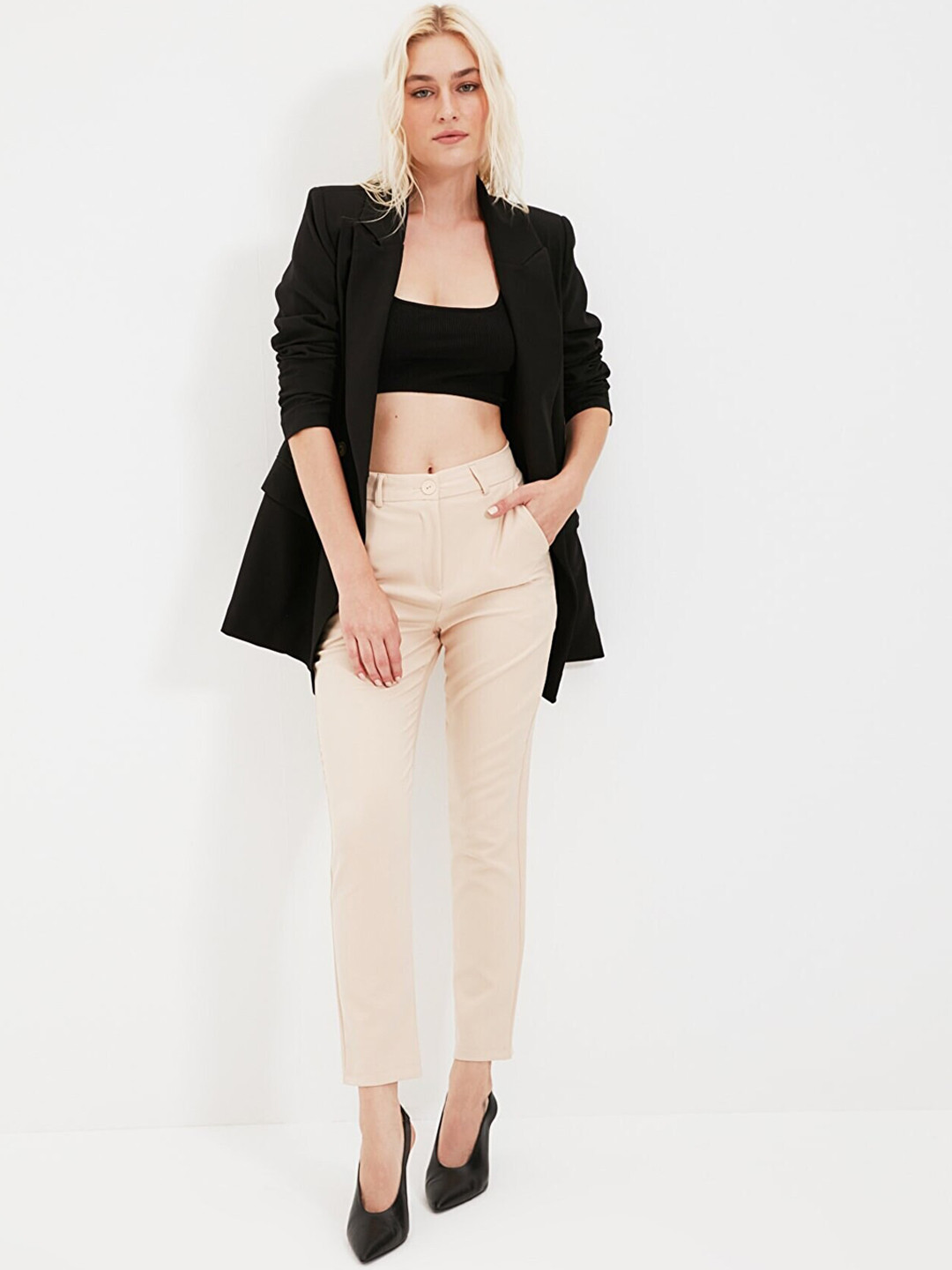 Trendyol Women Cream-Coloured Slim Fit Trousers