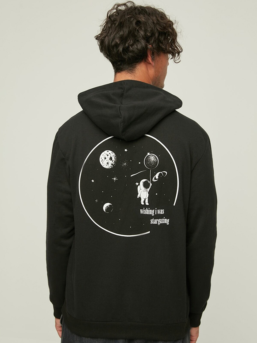 Trendyol Men Black Printed Hooded Sweatshirt