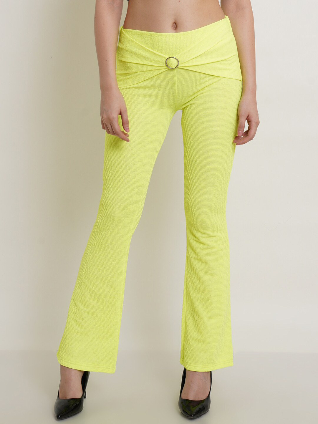 Popwings Women Lime Green Solid Bootcut Trousers