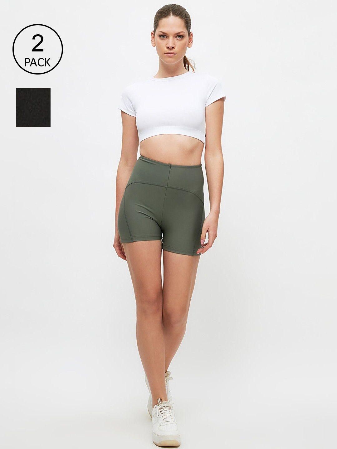 Trendyol Women Black  & Olive Set Of 2 Solid Short Tights