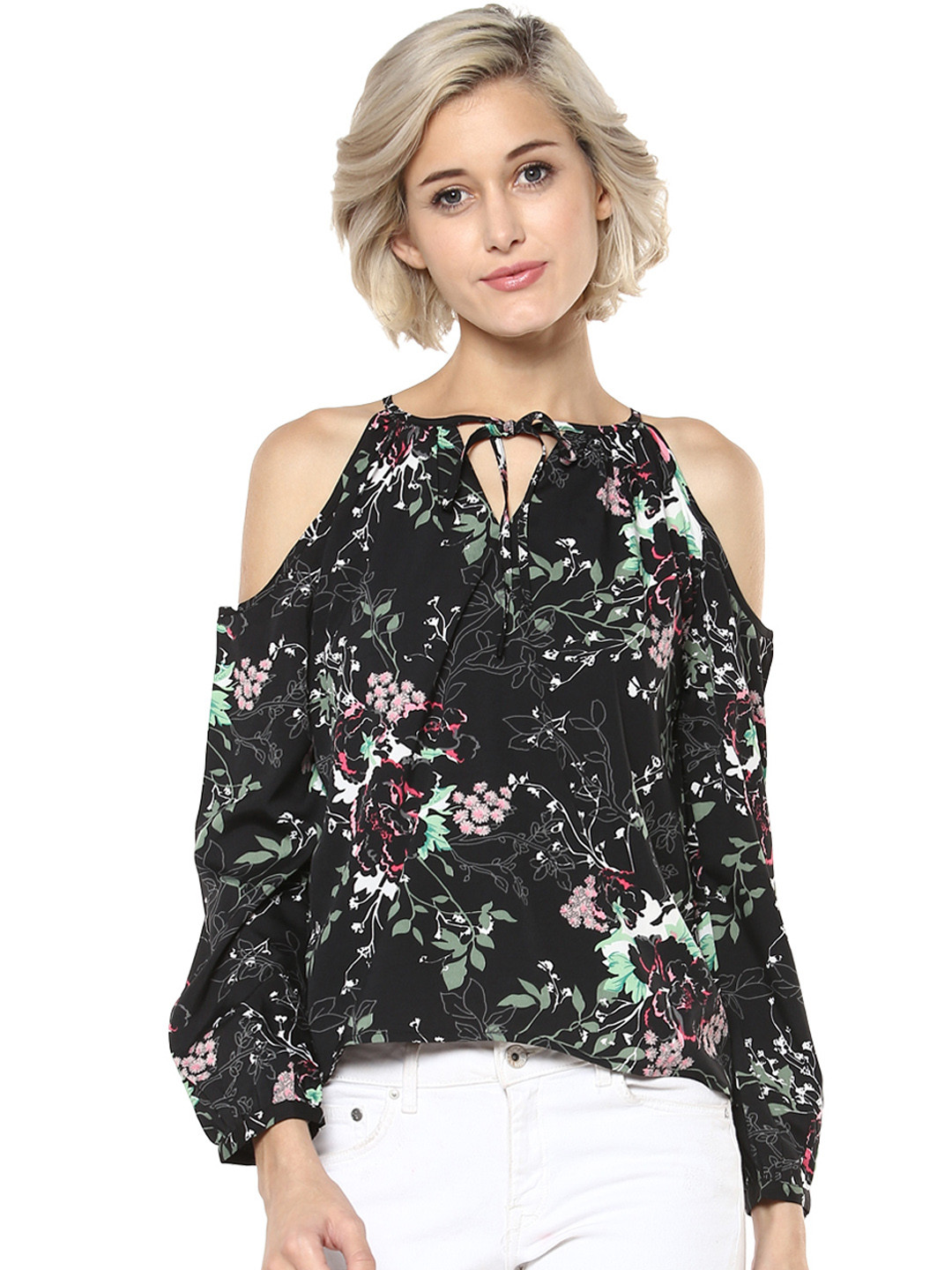 Harpa Women Black Printed Cold Shoulder Top