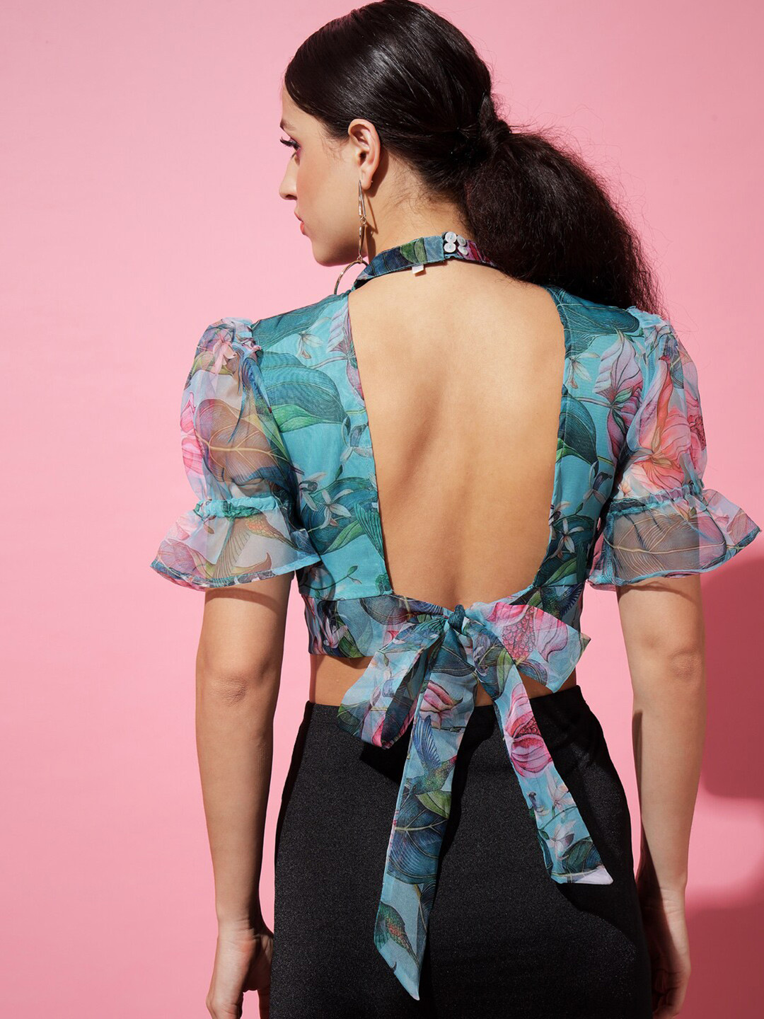 The Dry State Turquoise Blue Floral Print Styled Back Crop Top