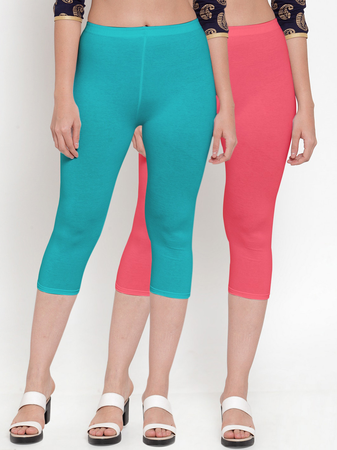 Jinfo Women Set Of 2 Turquoise Blue & Coral Capris