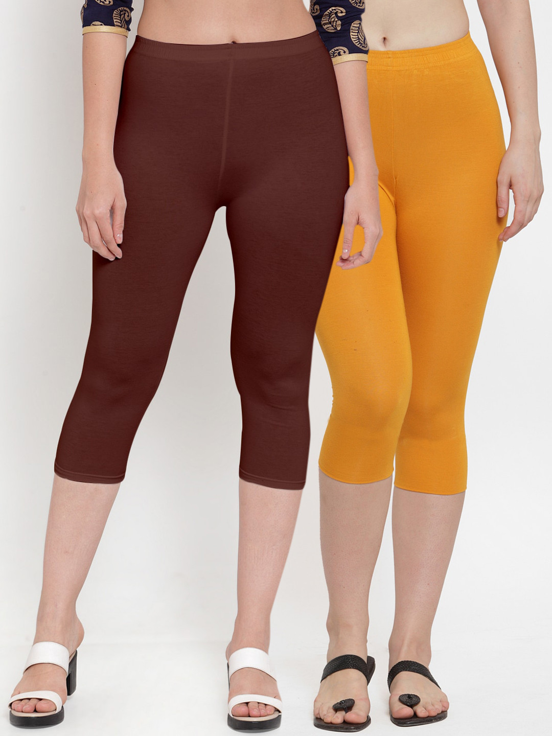 Jinfo Pack of 2 Women Camel Brown & Magenta Solid Cotton Capris
