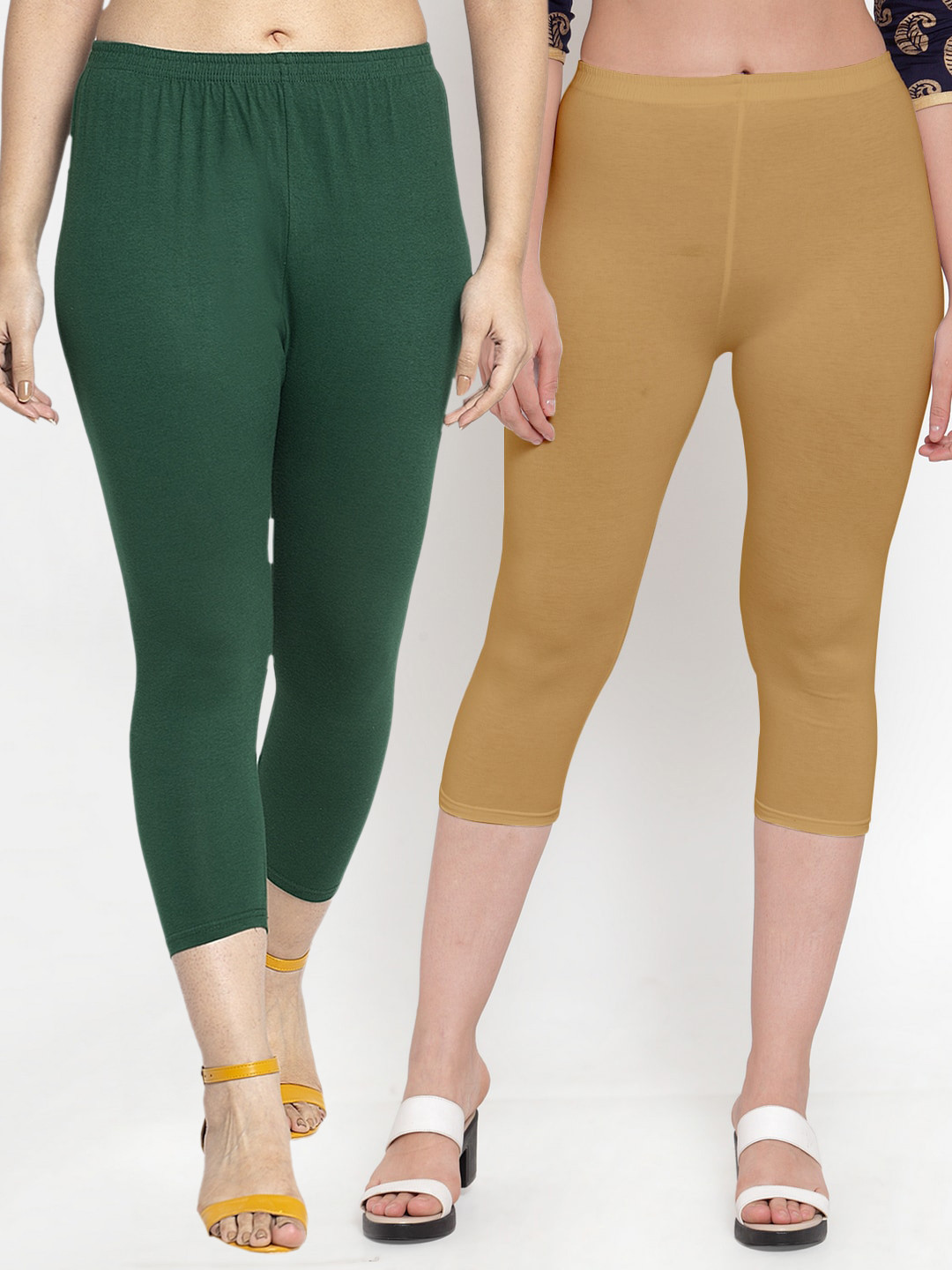 Jinfo Pack of 2 Women Green & Brown Solid Cotton Slim Fit Capris