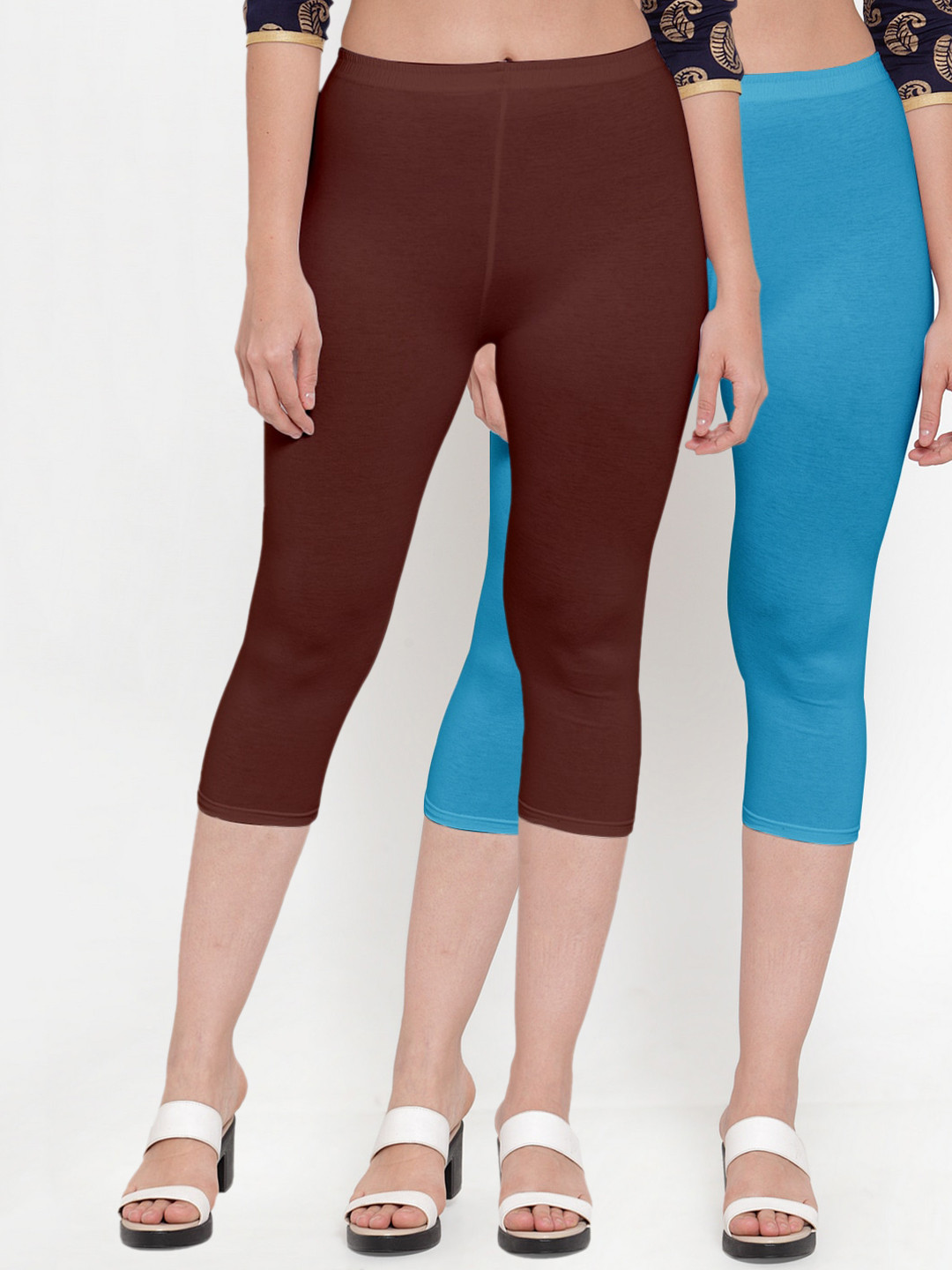 Jinfo Women Pack Of 2 Brown & Blue Mid-Rise Cotton Capris
