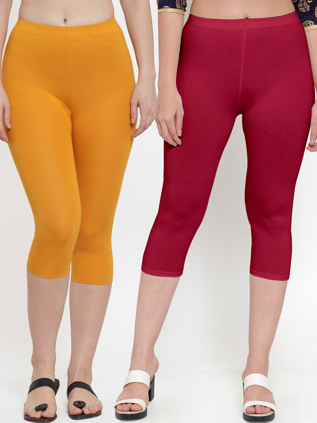 Jinfo Women Pack of 2 Maroon And Mustard Solid Capris