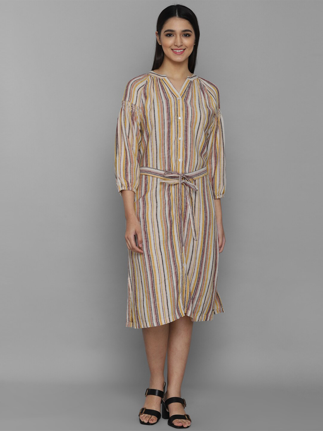 Allen Solly Woman Multicoloured Striped Linen Shirt Midi Dress