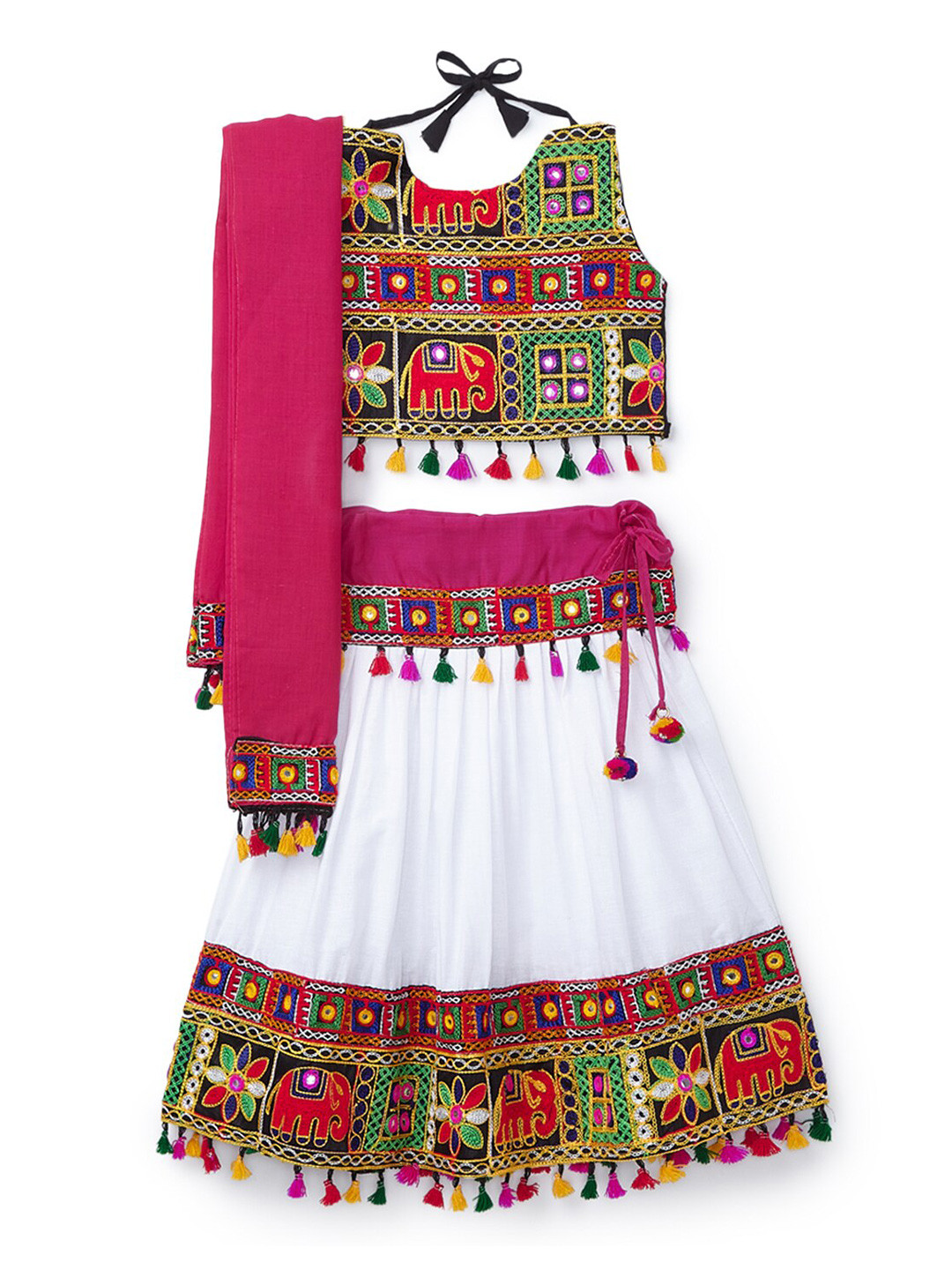 BANJARA INDIA Girls White & Black Embroidered Thread Work Ready to Wear Lehenga & Blouse With Dupatta