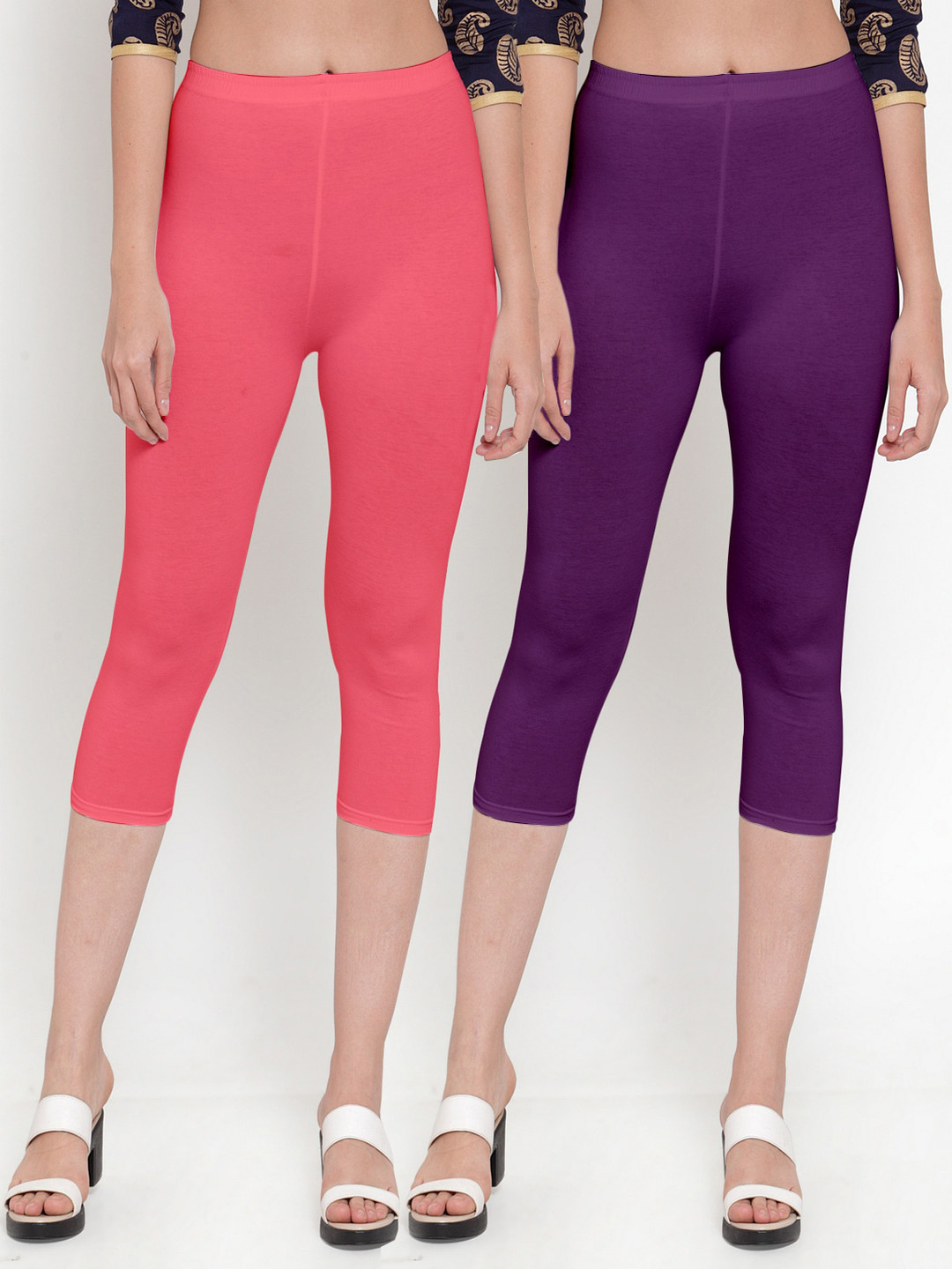 GRACIT Women Set Of 2 Pink & Purple Cotton Slim Fit Capris