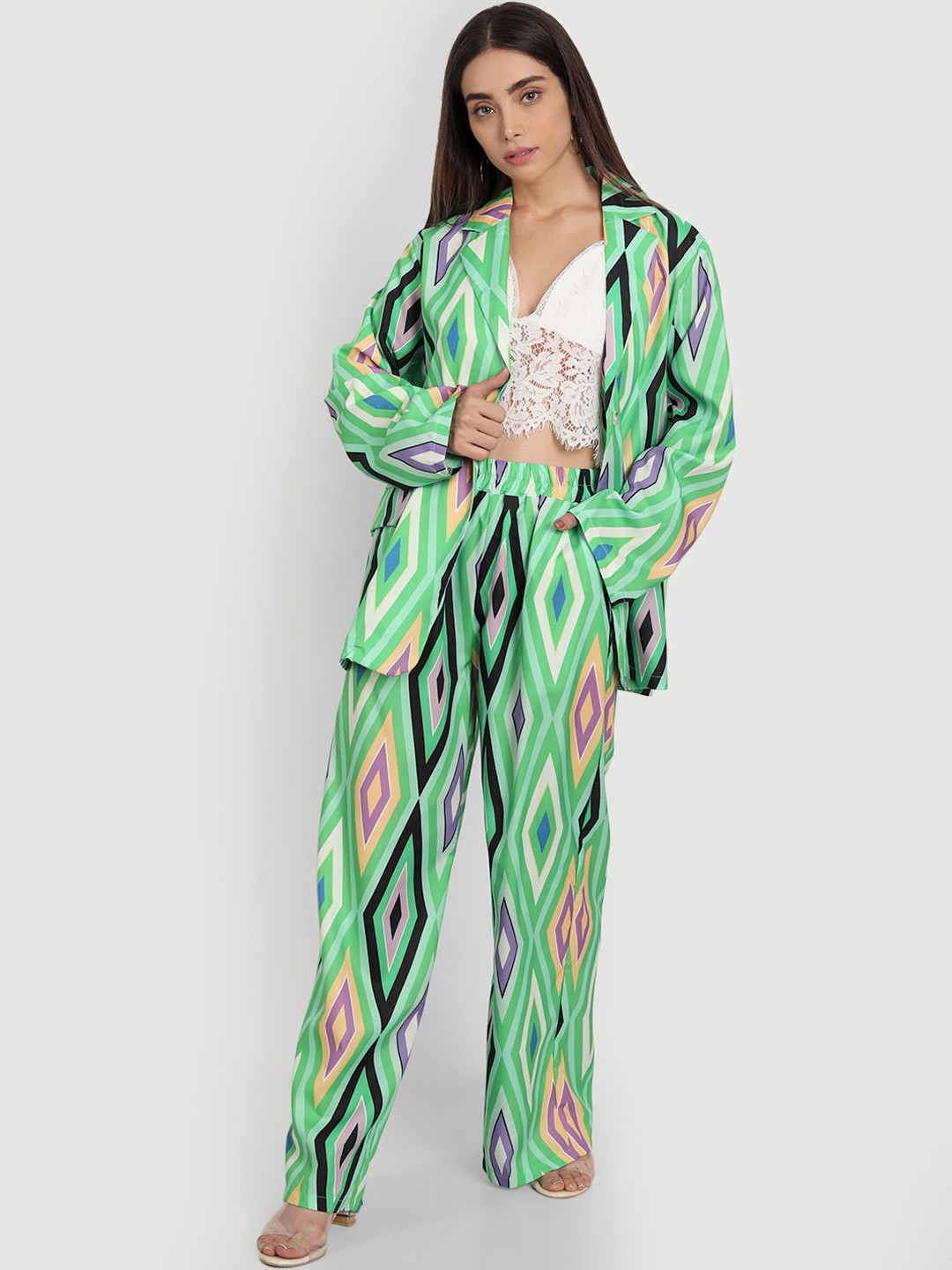 iki chic Women Green Printed Single Breasted Blazer and Wide Leg Pant