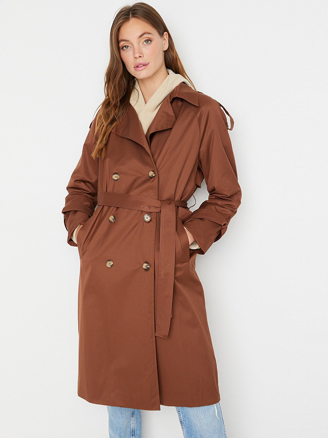 Trendyol Women Brown Solid Double-Breasted Trench Coat