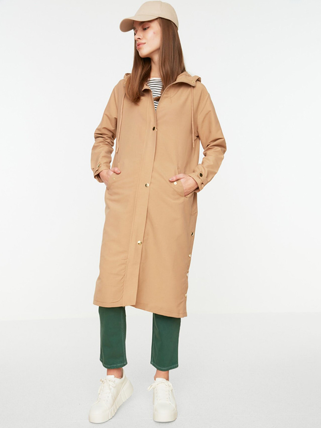 Trendyol Women Beige Solid Longline Trench Coat
