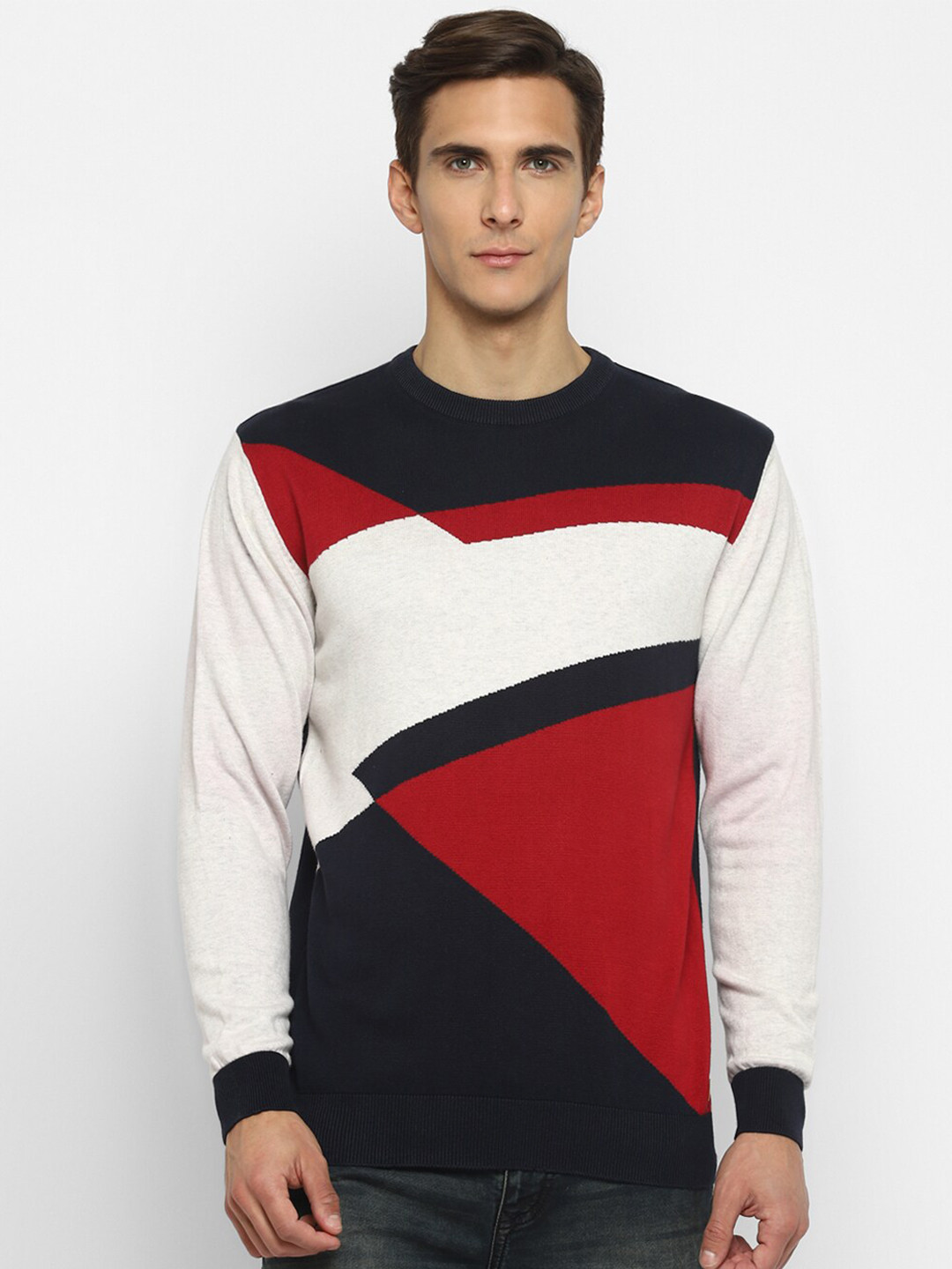 Turtle Men Red & White Colourblocked Pullover