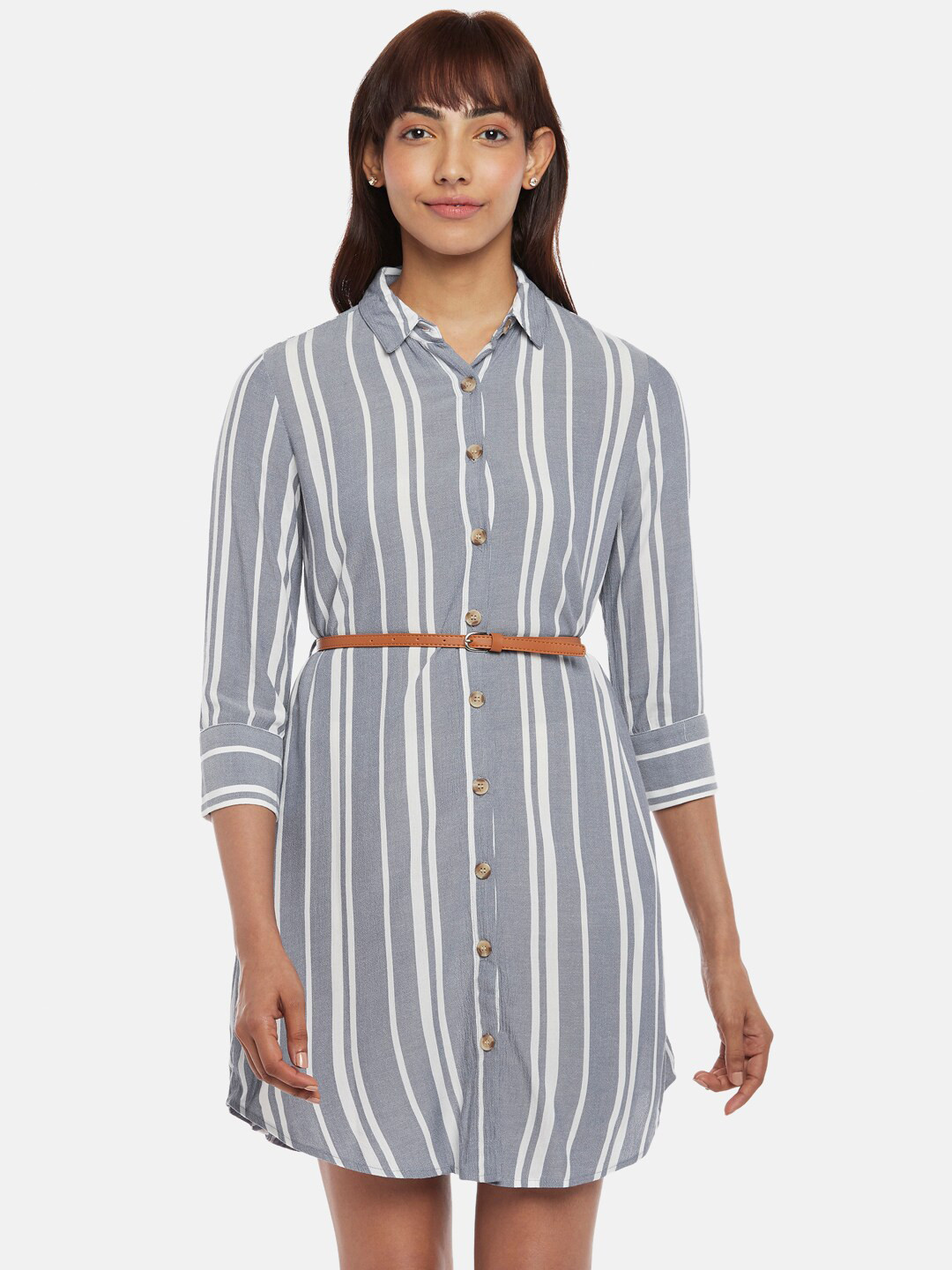 Honey by Pantaloons Grey & White Striped Shirt Dress