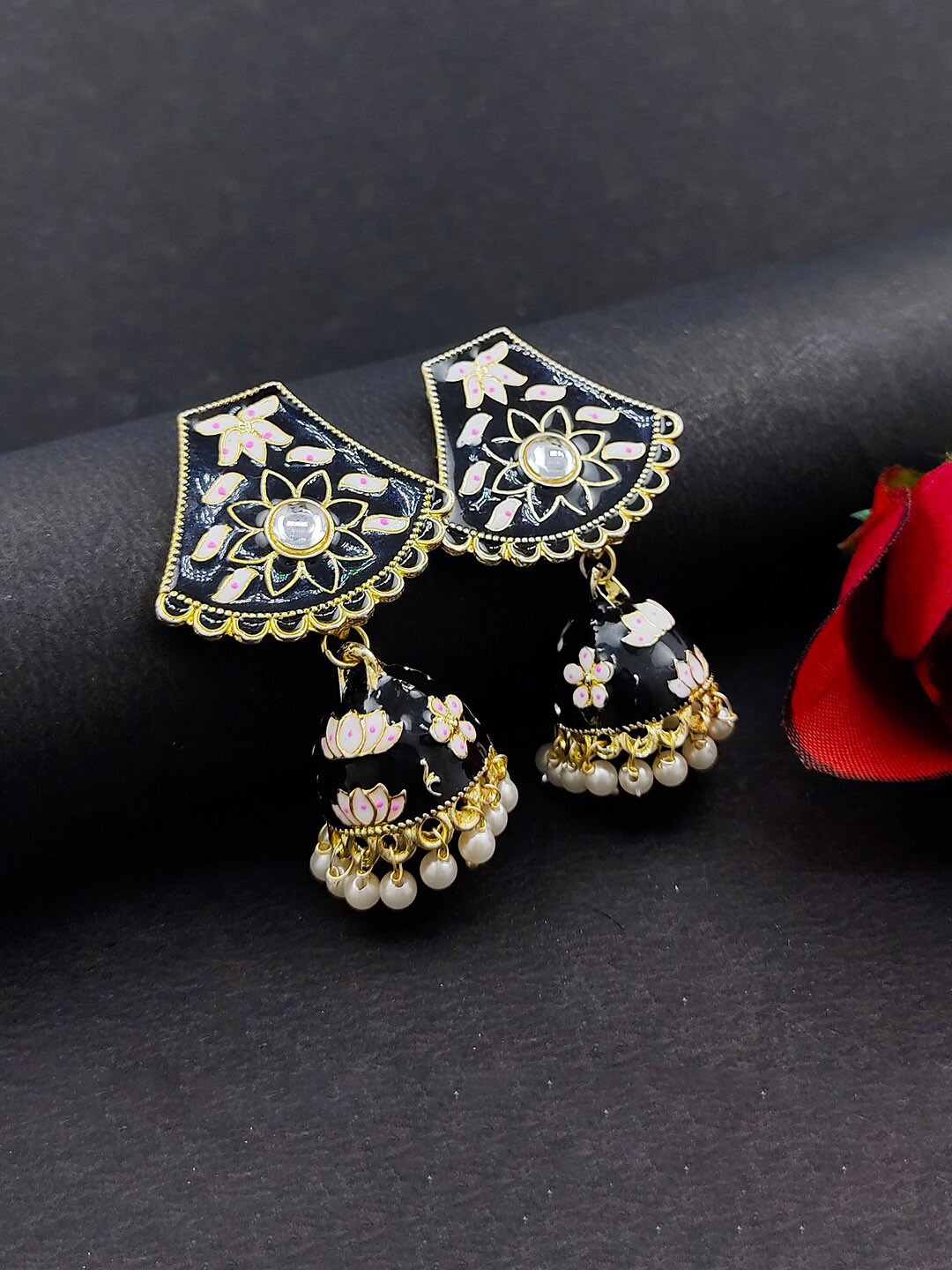 Saizen Black & White Floral Jhumkas Earrings