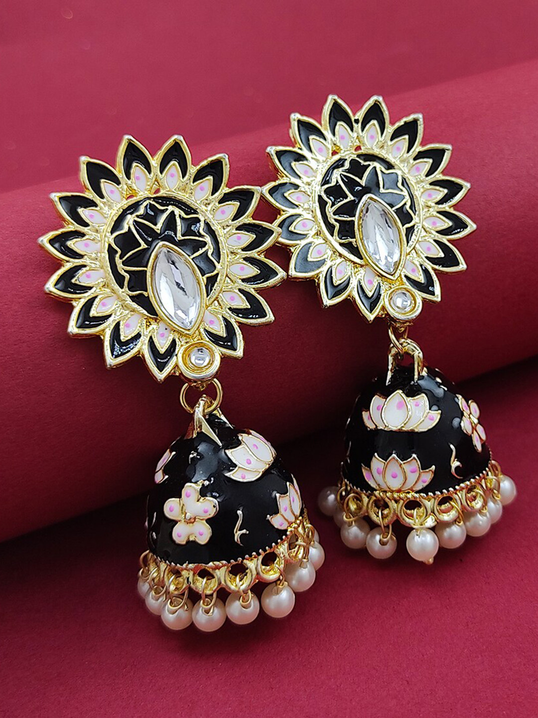 Saizen Black Gold-Plated Floral Meenakari Jhumkas Earrings