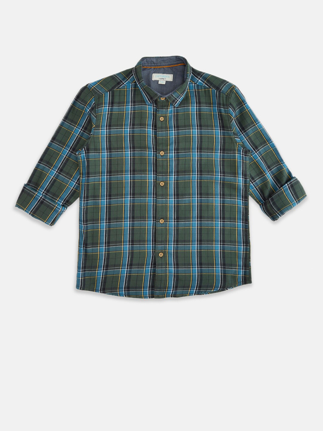 Pantaloons Junior Boys Olive Green Tartan Checks Checked Party Shirt