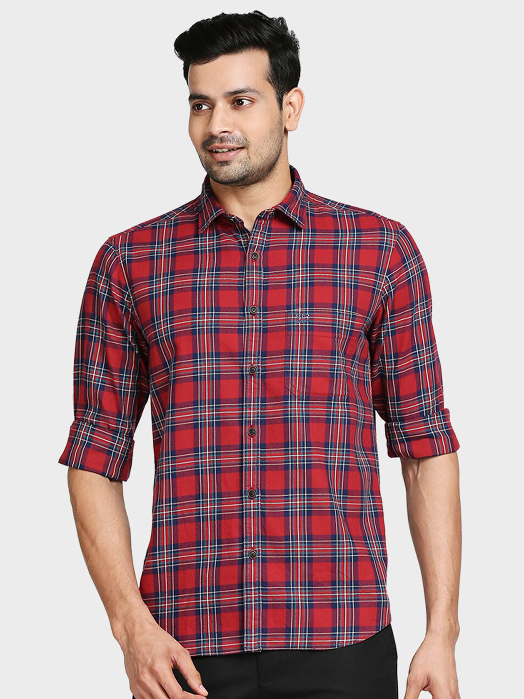 ColorPlus Men Red Tailored Fit Checked Cotton Casual Shirt