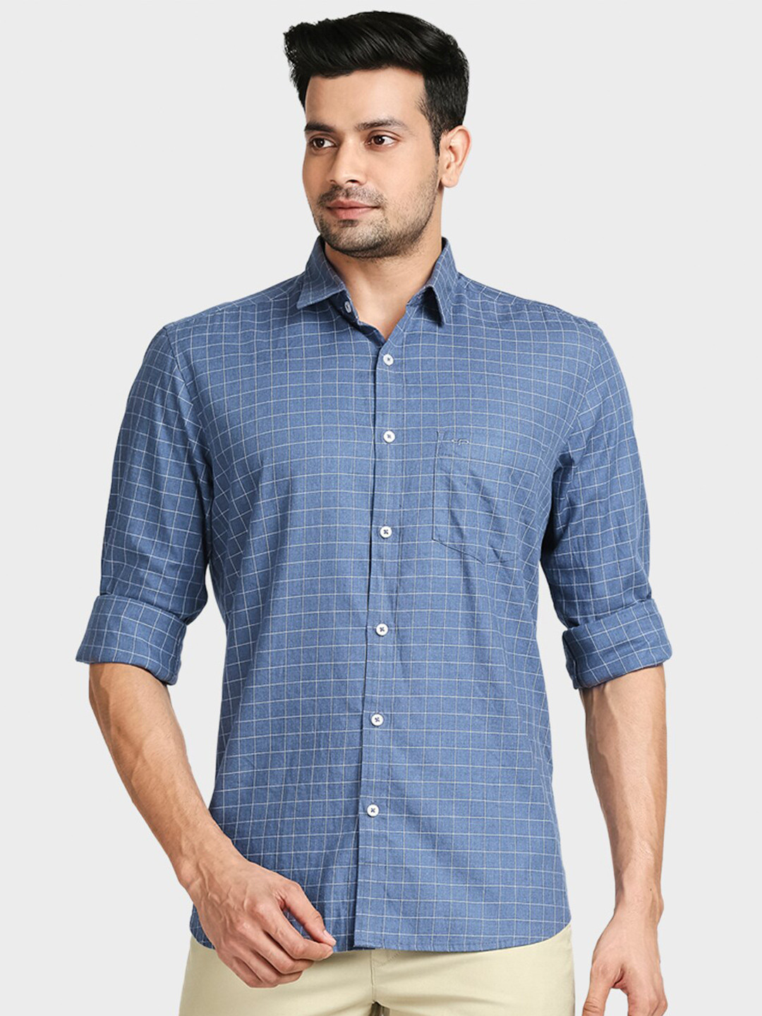 ColorPlus Men Blue Tailored Fit Checked Casual Shirt