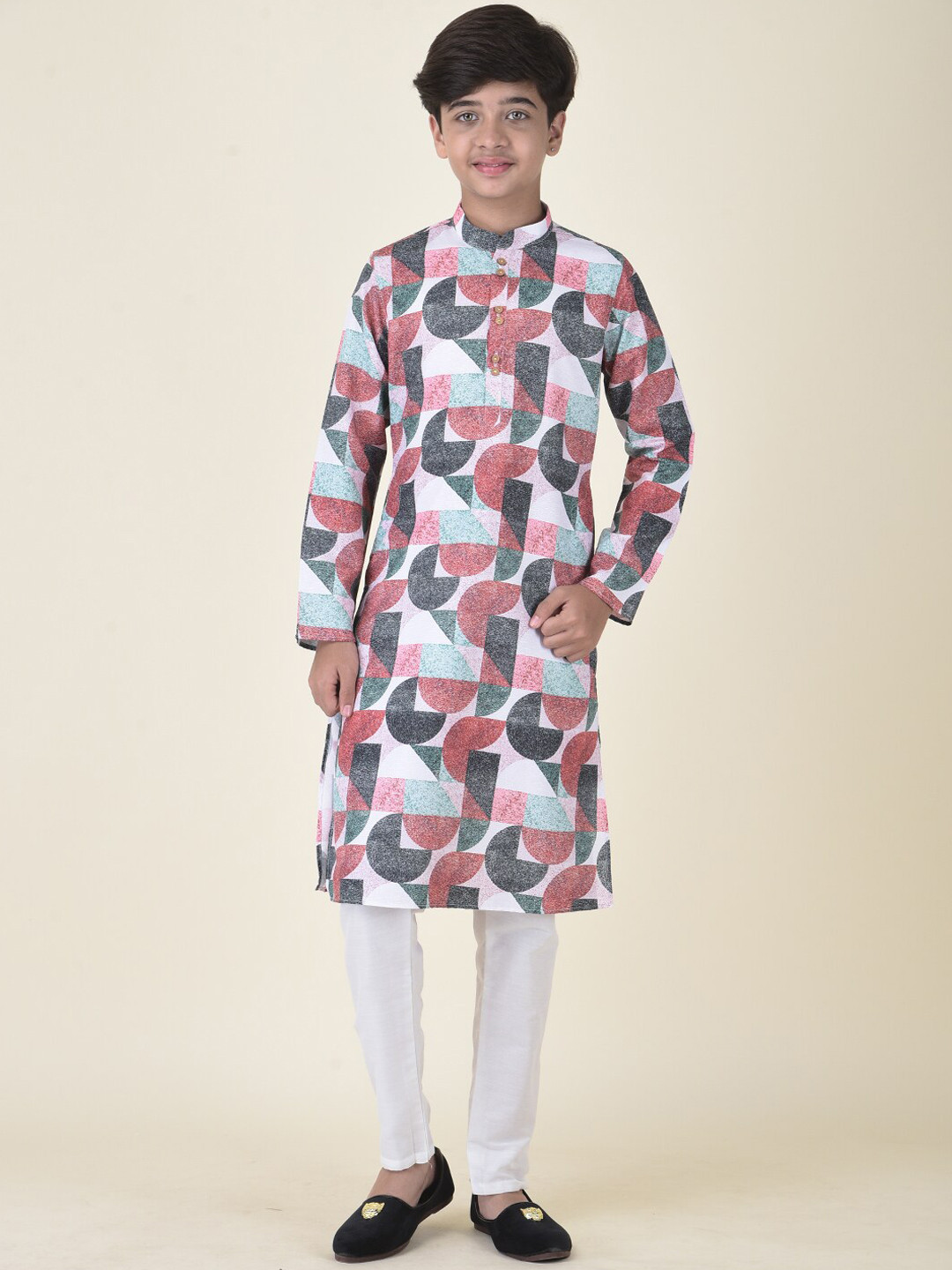 TABARD Boys Peach-Coloured & Sea Green Geometric Printed Kurta