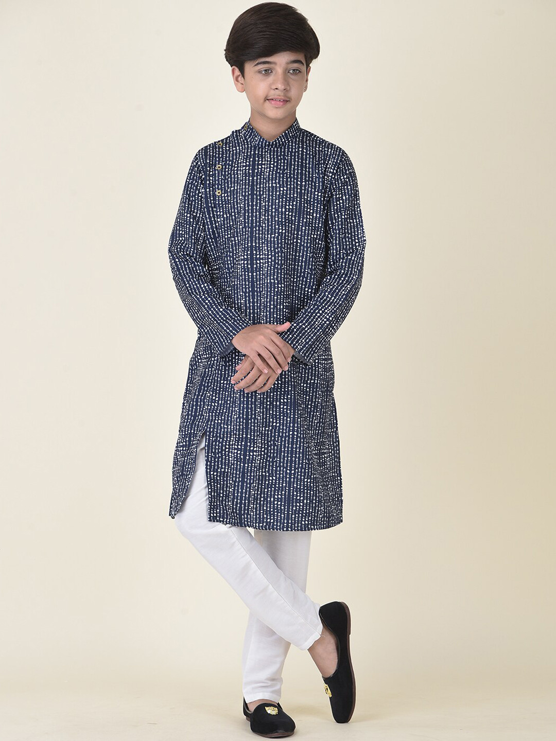 TABARD Boys Blue Printed Cold-Shoulder Sleeves Kurta