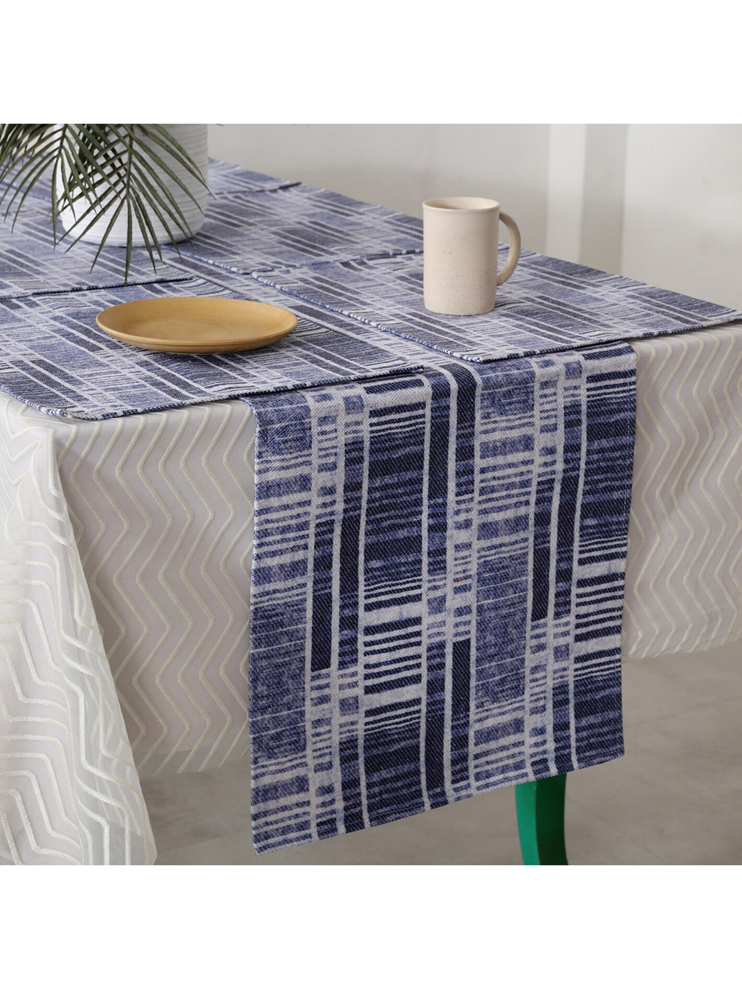 HANDICRAFT PALACE Set Of 7 Blue Striped Cotton Table Runners