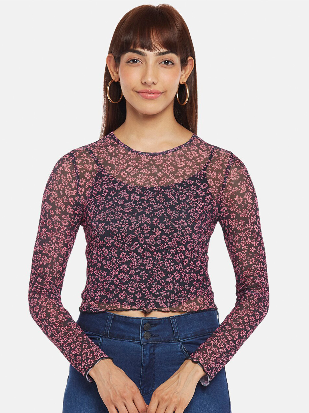 People Women Black & Pink Floral Print Crop Top
