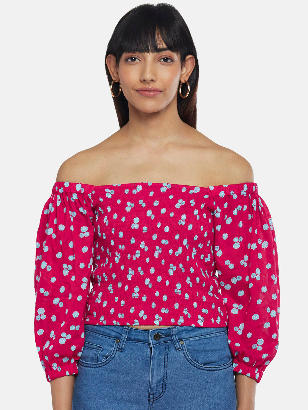 People Pink Floral Print Off-Shoulder Bardot Top