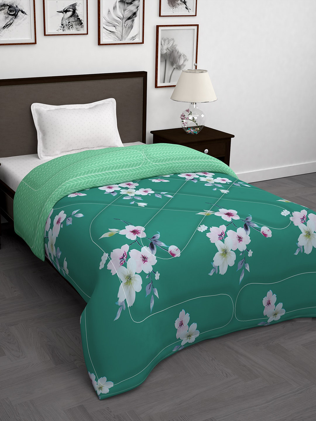 Story@home Green & White Floral 180 GSM AC Room Single Bed Comforter