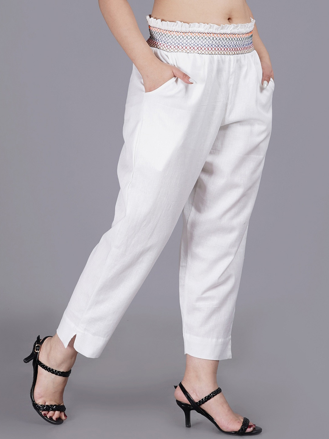 SUMAVI-FASHION Women White Cotton Trousers