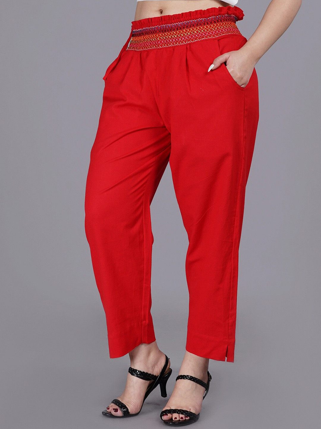 SUMAVI-FASHION Women Red Regular Fit Solid Trousers