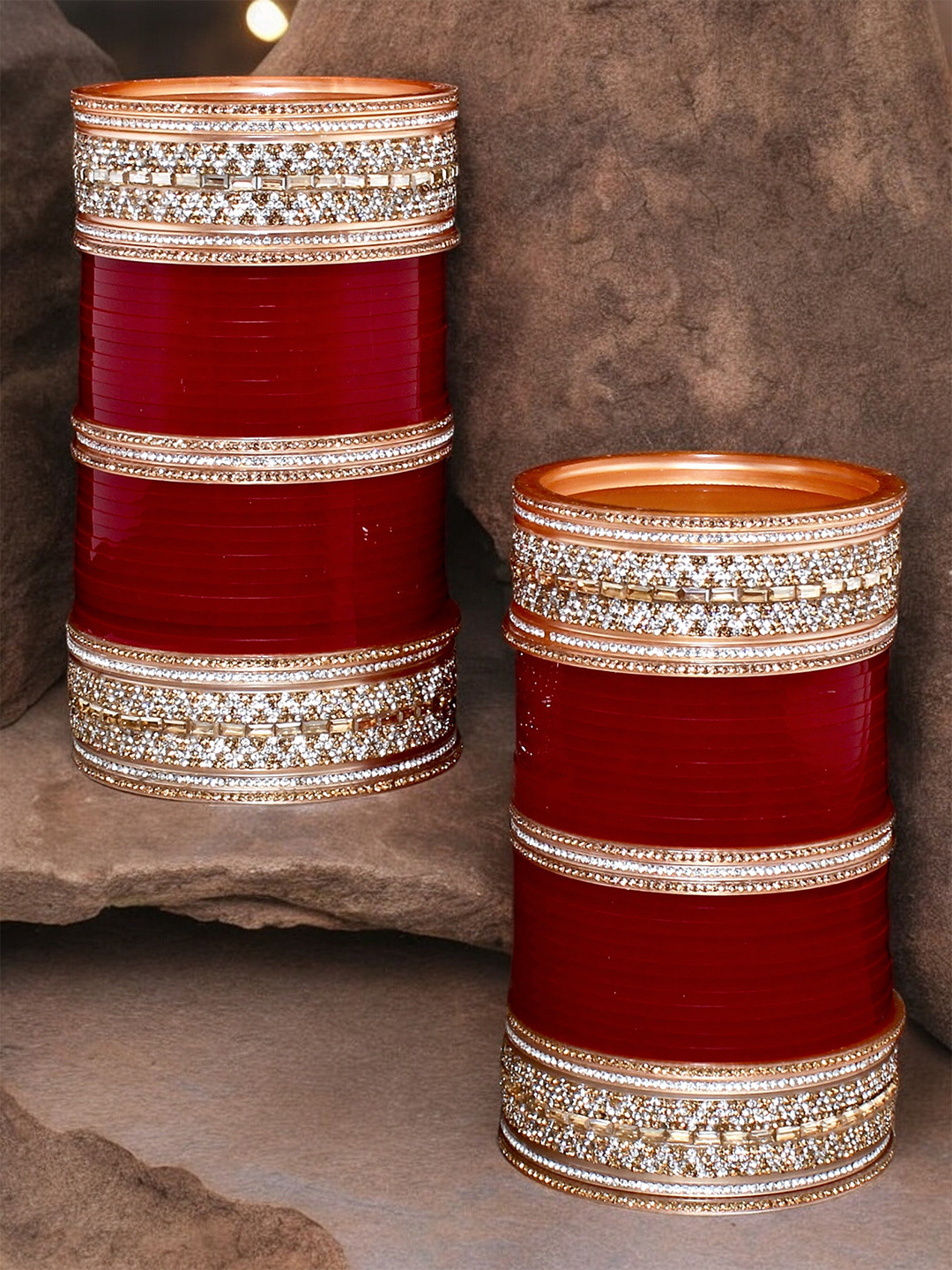 LUCKY JEWELLERY Women Maroon & Gold Set Of 22 CZ Studded Bridal Bangle Set