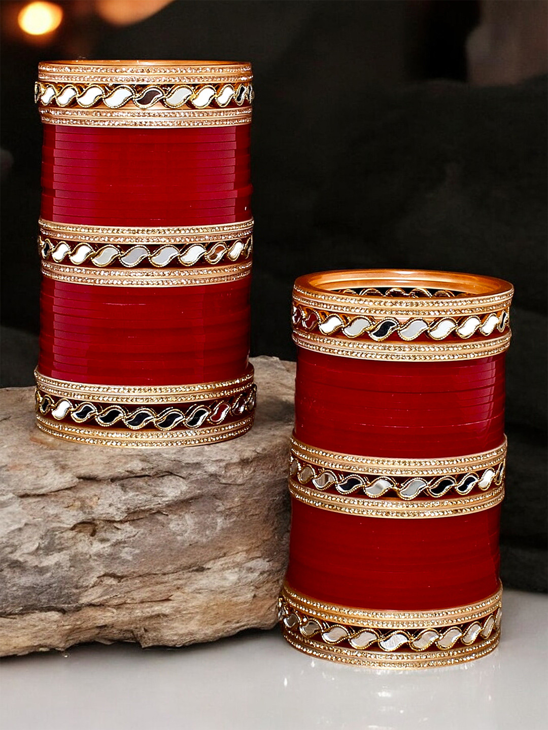 LUCKY JEWELLERY Maroon AD & CZ Studded Bridal Bangle Set